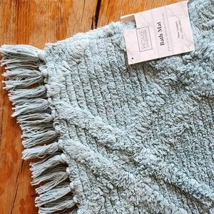 Boho Bath Mat Rug with Tassels Blue Cotton